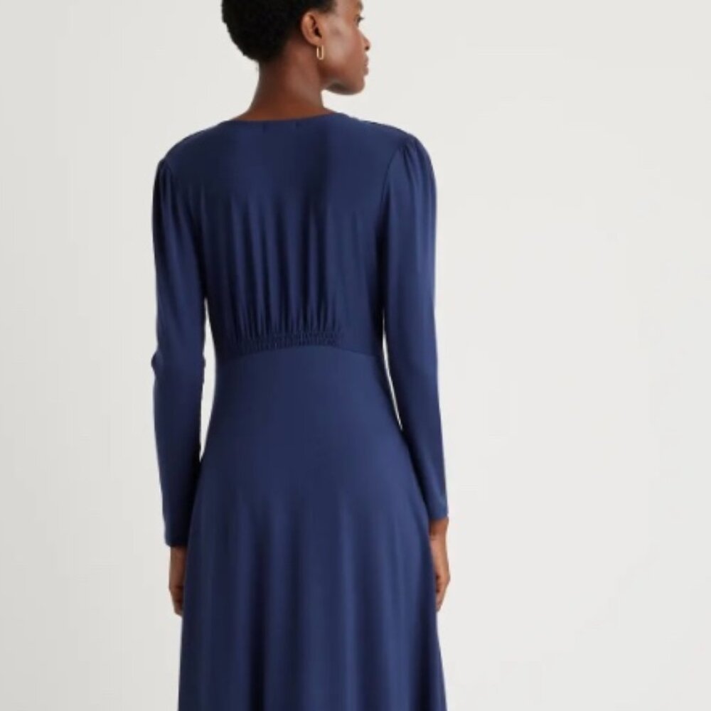 Quince Tencel Jersey V-Neck Long Sleeve Midi Dress Navy Sz S #84 - Picture 2 of 9
